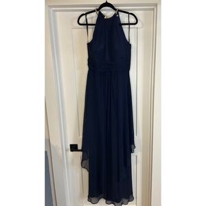 Eliza J Navy Blue Chiffon Halter Gown Gold Chain Neck High Low Dress Size 8